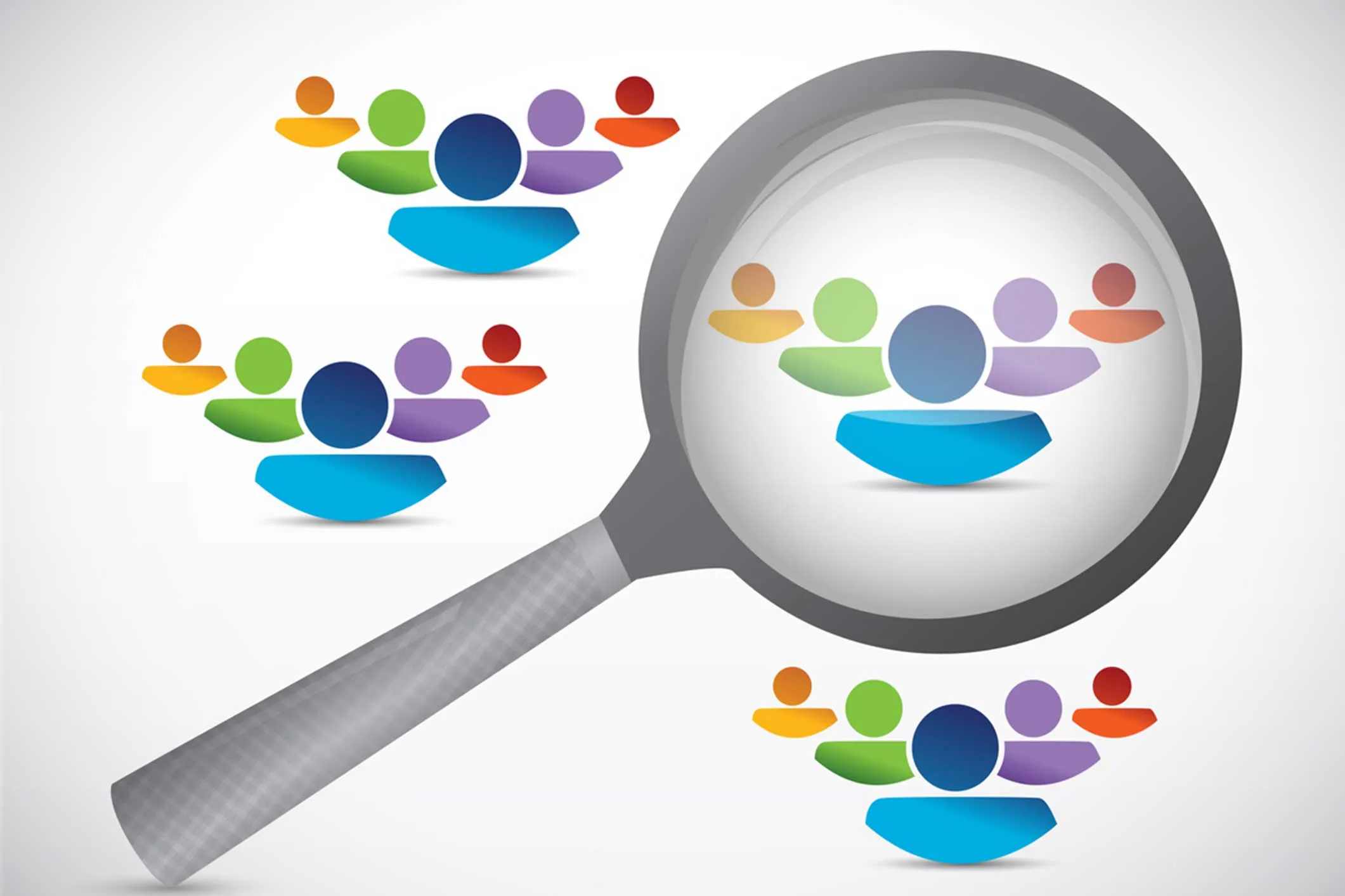 A magnifying glass held over multi-colored people icons, representing investigation in background check services.