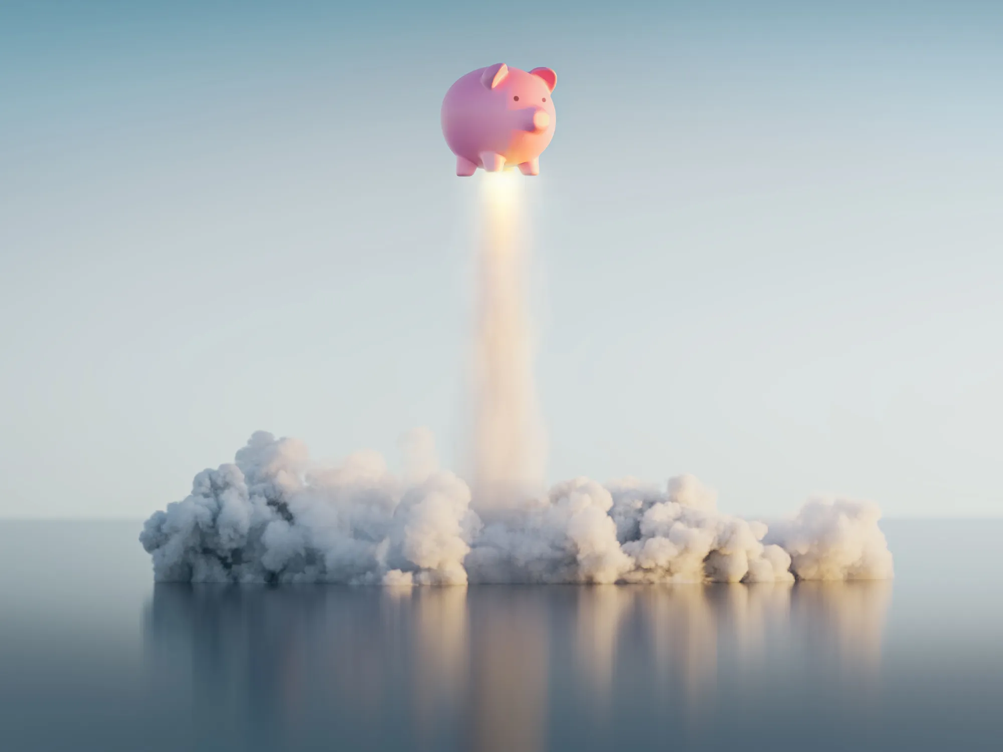 A piggy bank launching off the ground, representing the potential financial success of private equity investments.